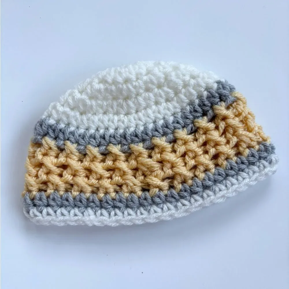Set of 3 Crochet Baby Hats 0-3 Yellow Grey White